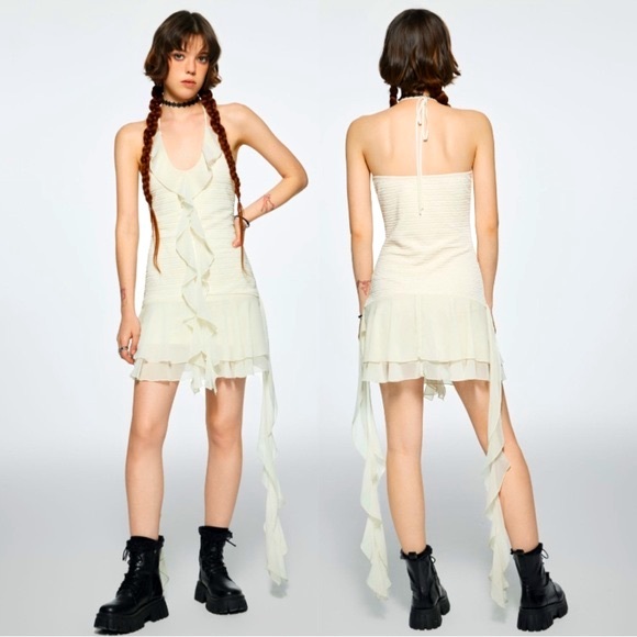 🛍️ MICAS Halter-back Cascading Ruffles Mini Ivory Dress - Size L - Picture 1 of 13